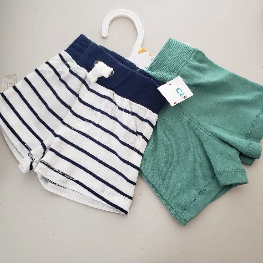 NEW Carters Newborn Baby Boy Shorts 2 Pairs New Blue White Striped Green